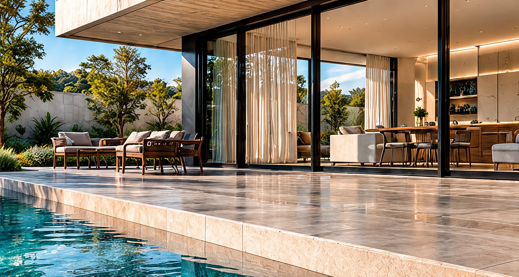 Área externa com piscina e piso de alto padrão